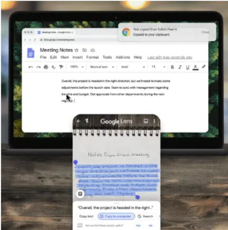Googleレンズでテキストを選択して、「パソコン・タブレットにコピー」をタップすると、GoogleChromeにログインしている他のデバイスにコピー・ペーストできます。