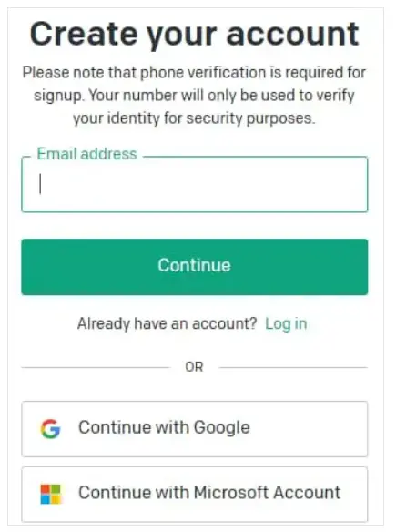 ステップ 3：e-mailアドレスまたはSNS アカウントを選択します。「Continue with Google」か「Continue with Microsoft Account」を選んでください。どちらでも構いません。